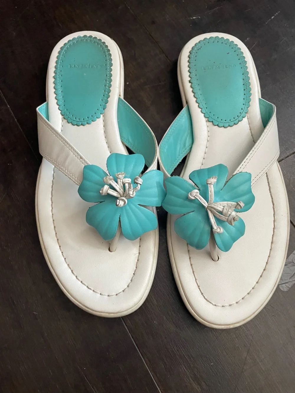 Lands' End White and Turquoise Floral Thong Sandals